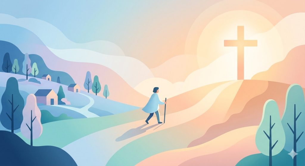 The Call to Conversion - a person walking from a cold-toned area towards a warm light emanating from a cross